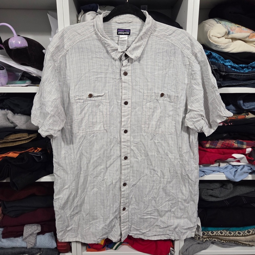 Patagonia Mens XL Hemp Organic Cotton Striped Short Sleeve Button Down Shirt
